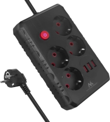 Pikendusjuhe ülepingekaitsega MACLEAN MCE393, 4 pistikupesa ja 3× USB, 3 m, must