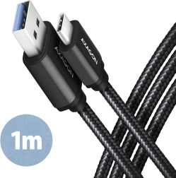 AXAGON USB-C – USB-A kaabel 3.2 Gen 1, 1 m, 3 A, alumiinium, nailonpunutis, must