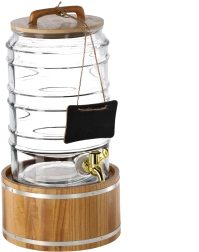 Decorative glass beverage dispenser with tap, 7.5 L, on a wooden stand