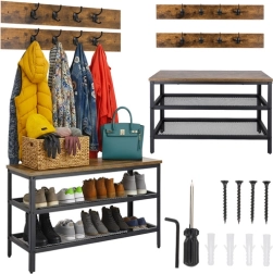 RUHHY jalanõuriiul pingiga ja nagiga 73 cm, industriaalne loft, pruun plaat