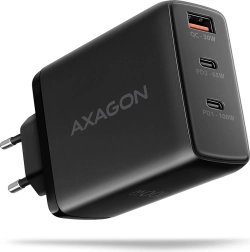 AXAGON GaN 100 W võrgulaadija, 3 porti (USB‑A + kahekordne USB‑C), must