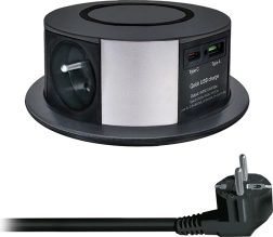 Solight väljatõmmatav pistikupesamoodul 3 pistikupesa, USB-A/USB-C PD 20 W ja Qi juhtmevaba laadimine 10 W, 2 m, must