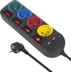 Pikenduslülitiga harupesa 4 pistikupesa + 2xUSB must