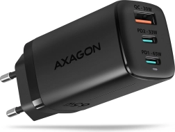 AXAGON GaN 65W võrgulaadija, 3 porti (USB-A + 2× USB-C), PD 3.0/QC 4+, PPS, must