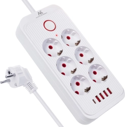 Pikendusega liigpingekaitsega toitepikendus 6 pistikupesaga, 4× USB‑A ja 1× USB‑C, 2500 W, valge
