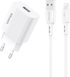 Vipfani seinalaadija 1x USB 2,4 A ja Lightning-kaabel, valge