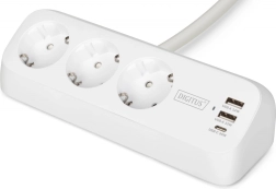 Lauakinnitusklambriga laual kasutatav pikendusjuhe ülepingekaitsega, 3 Schuko pistikupesa, 2× USB‑A 12 W, 1× USB‑C 30 W, kaabel 1,5 m, valge