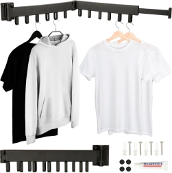 Foldable Wall-Mounted Telescopic Laundry Drying Rack, 12 Hooks, 90 cm – Black