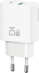 USAMS 25 W võrgulaadija USB‑C ja USB‑A-ga, kiirlaadimine, valge