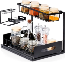 Kahekihiline köögiriiul väljatõmmatava sahtliga, metallist, must 36 × 27 × 28,5 cm