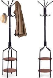 Põrandapealne riidestange riiulitega, 8 konksu, 180 cm, must, ModernHome