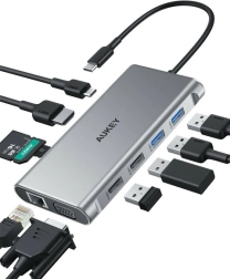 Alumiiniumist USB‑C jaotur 10‑ühes Etherneti, HDMI 4K, VGA, kaardilugeja ja PD 100 W‑ga AUKEY
