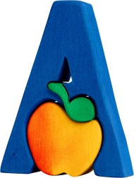 Fauna tähestiku täht A – õun, puidust pusle