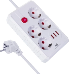 Pikendusjuhe (ülepingekaitsega) 4 pistikupesa ja 3× USB-ga, 2500 W, 1,5 m, valge