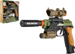 Plastikpüstol tulede ja helidega, patareitoitel, lisatarvikutega