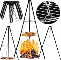 Rippuv kolmjalaga grill lõkkekohaga, resti läbimõõt 50 cm, kõrgus 150 cm