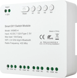 Nutikas 4-kanaliline DIY-lülitusmoodul AVATTO 7–32 V, Wi‑Fi, Bluetoothi ja RF 433 MHz-ga