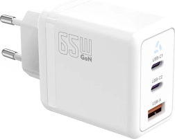 Võrgulaadija 2× USB‑C + USB‑A Power Delivery toega, valge, GaN 65 W