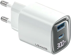 30 W GaN-võrgulaadija LED-ekraaniga, USB + USB‑C, valge