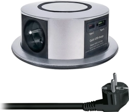 Solight lauale sisse süvistatav väljatõmmatav pistikupesaplokk 3× 230 V + USB-A/USB-C PD 20 W koos Qi juhtmevaba laadimisega 10 W, 2 m, hõbedane