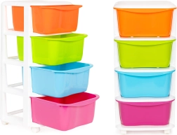 Värviline plastist korraldaja nelja sahtliga ratastel