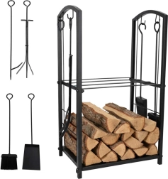 Metallist küttepuudehoidik koos tööriistade ja riiulitega