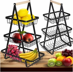 Kolmekorruseline metallist puuviljakorv puidust käepidemega, must