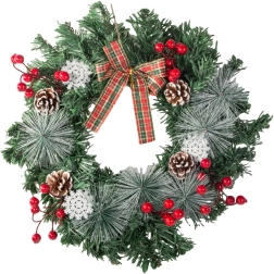 Jõulukroon käbide, punaste marjade ja ruudulise lipsuga 30 cm