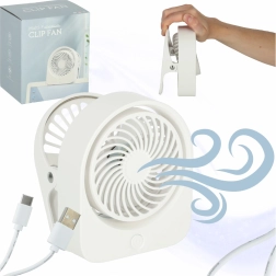 Lauapealne mini ventilaator klambriga, juhtmevaba USB, 3 kiirust, 11,5 cm, valge