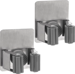 Self-adhesive stainless steel holders for mops and brooms, set of 2