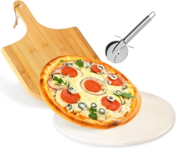 Šamottkivi pizzale koos bambuslabida ja roostevabast terasest lõikuriga, 3-osaline komplekt