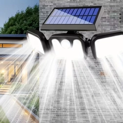 Päikeseenergial töötav välitingimustesse mõeldud LED-lamp, 74 LED-i, PIR-liikumis- ja hämarusandur, 4-ühes