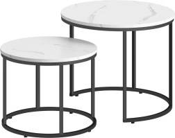 Set of 2 round coffee tables with marble decor and black legs