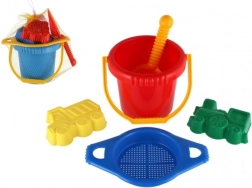 Plastist liivamängukomplekt ämbriga, sõela, labida ja 2 liivavormiga