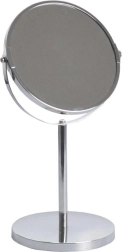 Tall double-sided cosmetic mirror with stand, 17 cm diameter, chrome