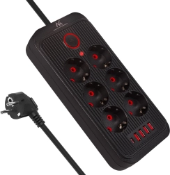 6 pistikupesaga liigpingekaitsega pikendusjuhe USB-A ja USB-C-ga, 2500 W, must