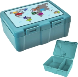 Lunch box with world map 1 l, 2 compartments and 2-in-1 cutlery