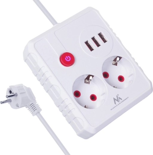 Ülepingekaitsega pikendusjuhe, 2 pistikupesa ja 3× USB, 2500 W, 1,5 m, valge