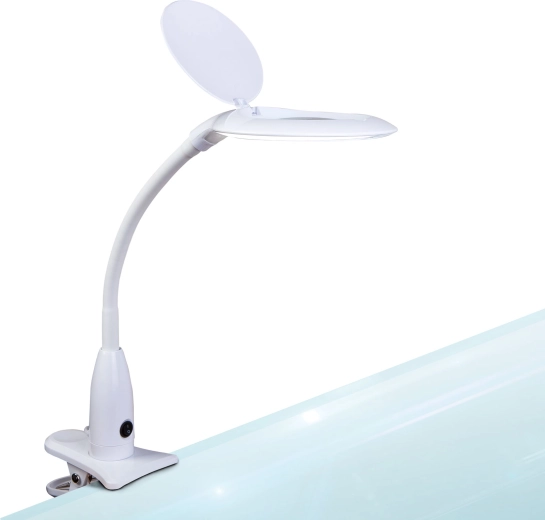 Valge LED-laualamp luubi ja klambriga