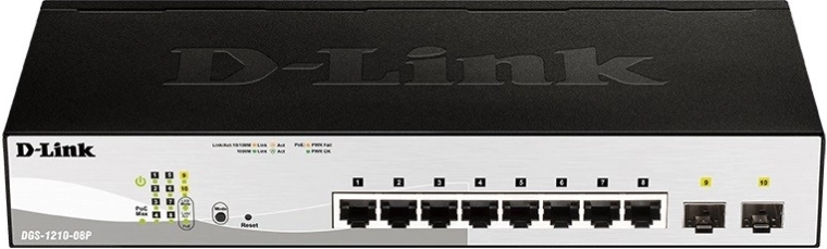 D-Link DGS‑1210‑08P gigabitine PoE nutikas lüliti 8× RJ‑45 ja 2× SFP