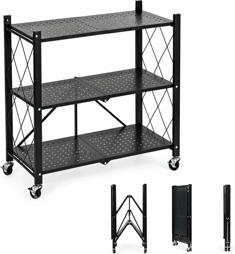 ModernHome Folding Metal Shelving Unit on Wheels with 3 Shelves