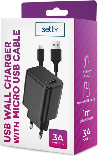 SETTY võrgulaadija 1× USB 3A must + microUSB-kaabel 1 m