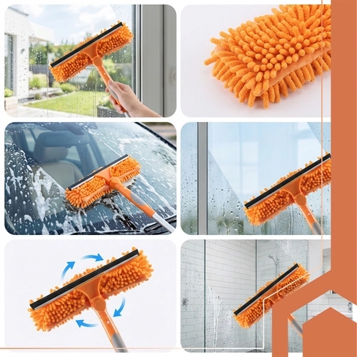Dual-sided head: microfiber + streak-free squeegee