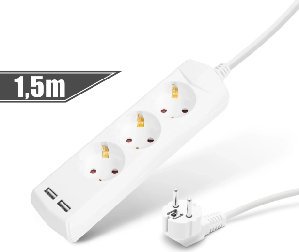 Pikendusjuhe 3 pistikupesa ja 2 USB-pordiga, 1,5 m