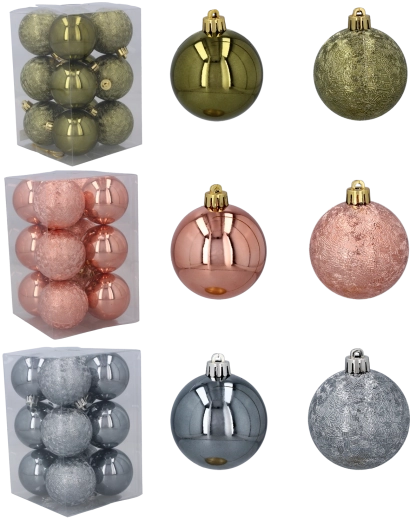 Plastist jõuluehete komplekt 6 cm – oliivroheline, vaskne ja grafiithall, 12 tk