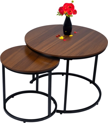 Modern 2-in-1 set of round coffee tables in loft industrial style, walnut