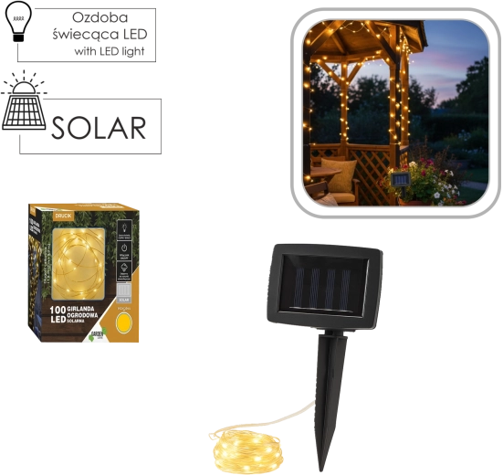 Päikesetoitel LED-valguskett 100 dioodiga, soe valge, 11,9 m, IP44