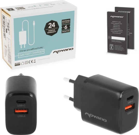 Movano GaN 30 W wall charger (USB‑C PD + USB‑A), black