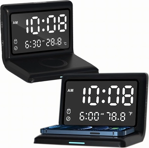 3-in-1 digital alarm clock with 15 W wireless charging and thermometer, mirror display