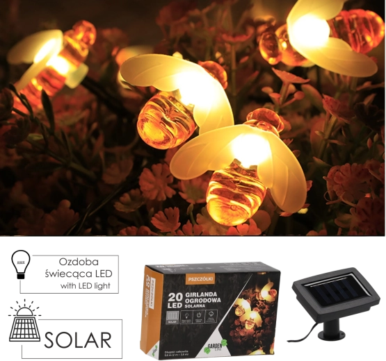 Päikesetoitel aiavalgusketi mesilastega 20 LED sooja valge, 5,8 m